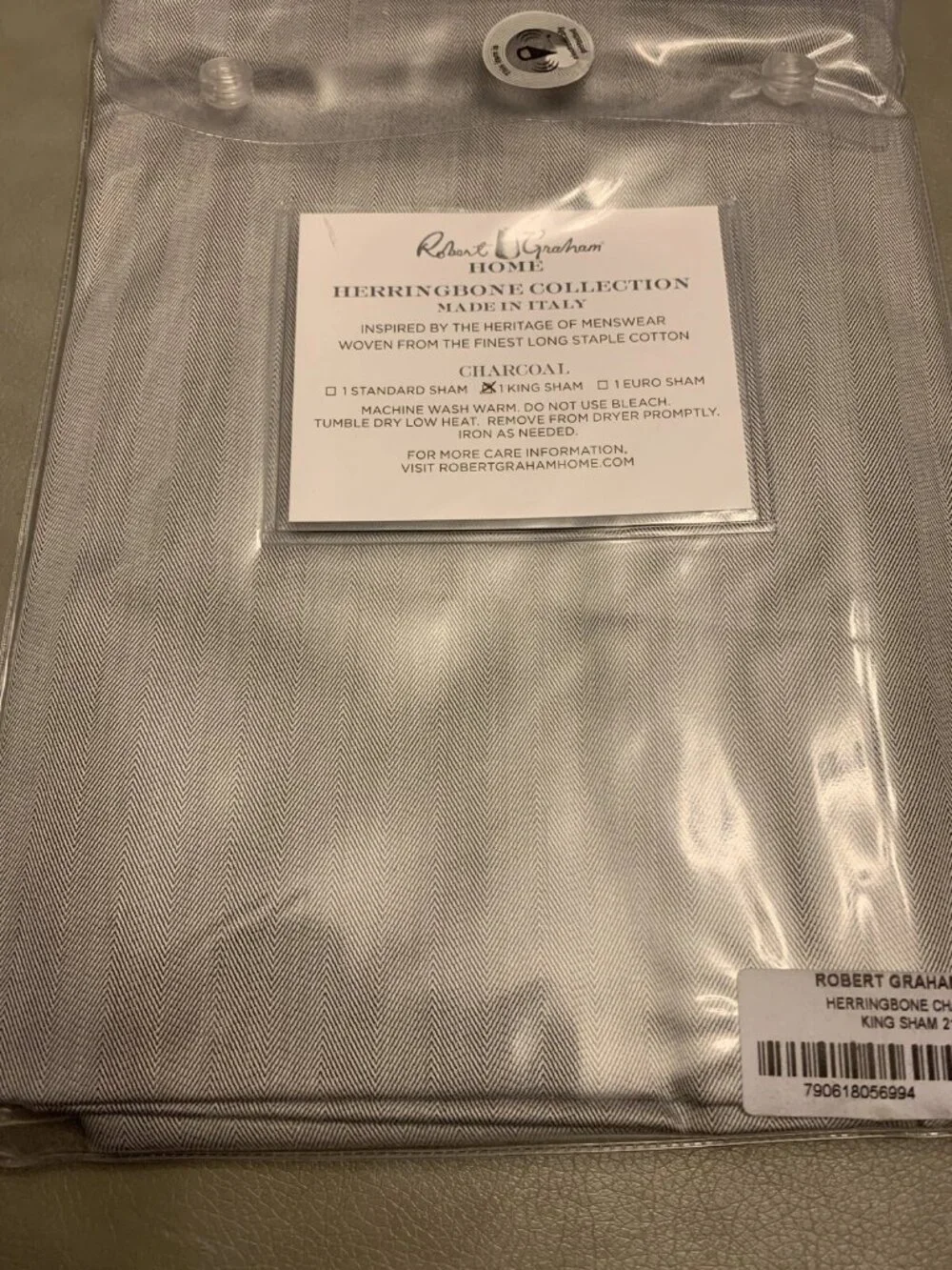 Robert Graham Home Charcoal King Sham Herringbone $175 Iris Collection